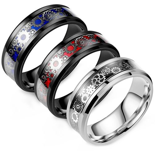 *COI Black Titanium Black/Blue/Red Silver Gears Beveled Edges Ring With Carbon Fiber-5899