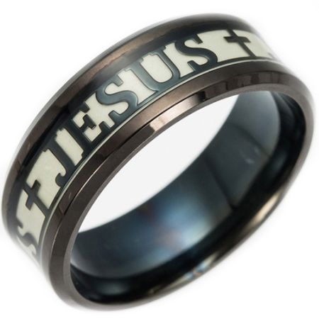 *COI Titanium Black/Silver/Gold Tone/Blue Jesus Cross Luminous Beveled Edges Ring-6846