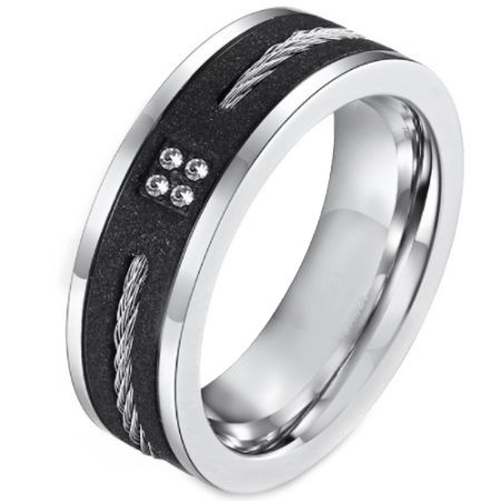 *COI Titanium Black Silver Sandblasted Wire Ring With Cubic Zirconia-6874BB