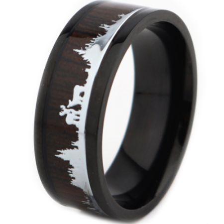 *COI Titanium Black/Rose Hunting Scene Pipe Cut Flat Ring With Wood-6891AA
