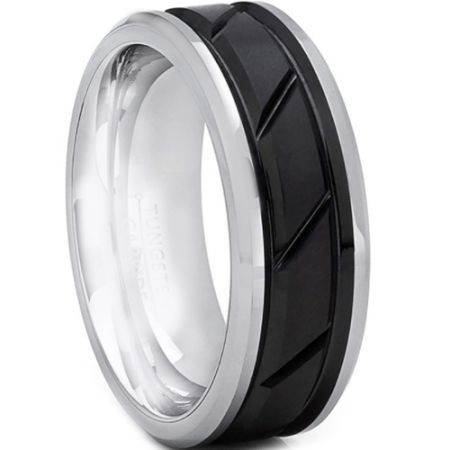 *COI Titanium Black Silver Diagonal Grooves Ring-6897BB