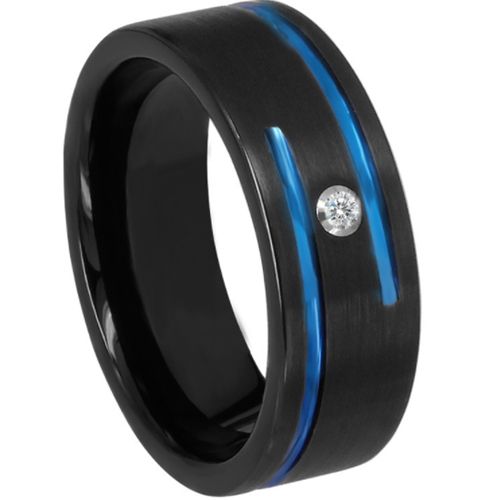 *COI Titanium Black Blue Double Grooves Ring With Cubic Zirconia-6898