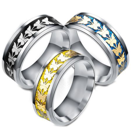 **COI Titanium Black/Blue/Gold Tone Silver Butterfly Beveled Edges Ring-6944BB