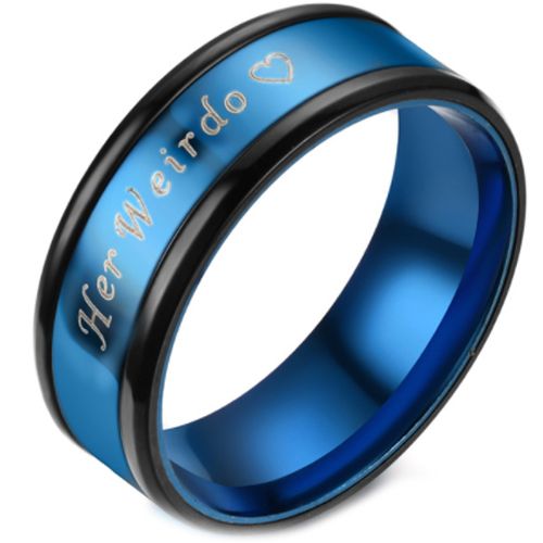 **COI Titanium Black Blue Her Weirdo & Heart Beveled Edges Ring-6946BB