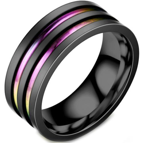 **COI Black Titanium Rainbow Color Double Grooves Ring-6950BB