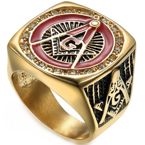 **COI Gold Tone Titanium Black Red Masonic Freemason Ring With Cubic Zirconia-6980BB