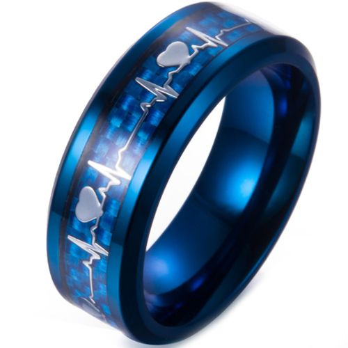 **COI Blue Titanium Heartbeat & Heart Beveled Edges Ring-6990BB