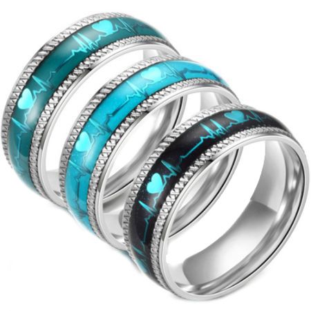 **COI Titanium Green/Blue/Black Silver Heartbeat Ring-7022BB