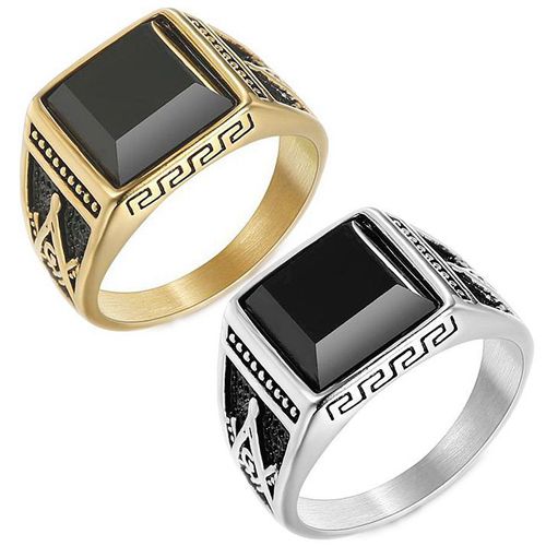 **COI Titanium Gold Tone/Silver Black Masonic Freemason Ring With Black Onyx-7030BB