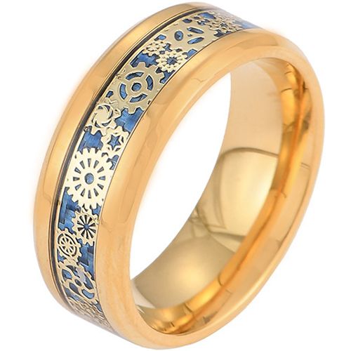 **COI Gold Tone Titanium Gears Beveled Edges Ring With Carbon Fiber-7056DD