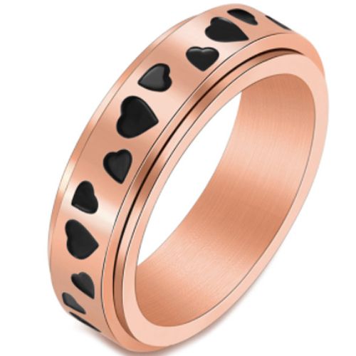 **COI Titanium Black Rose/Gold Tone/Silver Step Edges Rotating Ring With Hearts-7062AA