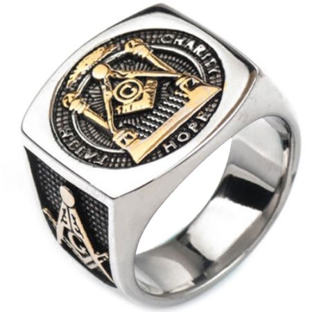 **COI Titanium Gold Tone Silver Masonic Freemason Ring-7082CC
