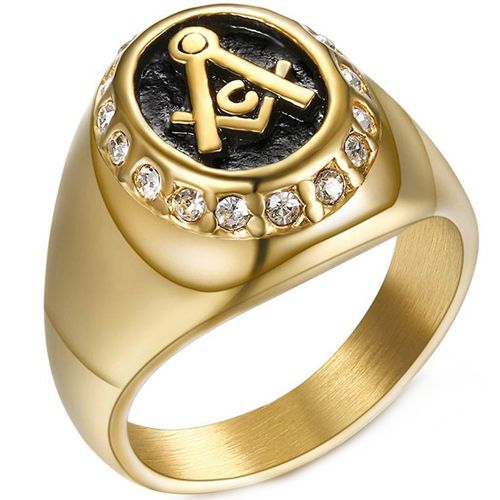 **COI Titanium Gold Tone Black Masonic Freemason Ring With Cubic Zirconia-7112AA