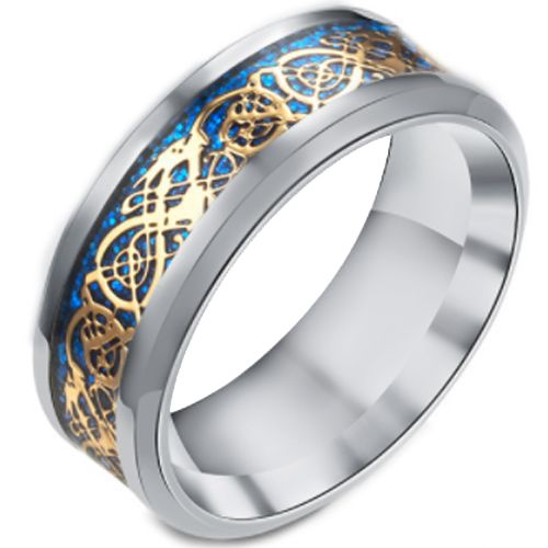 **COI Titanium Gold Tone Dragon Blue Meteorite Beveled Edges Ring-7147BB