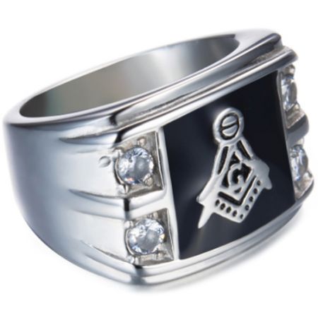 **COI Titanium Gold Tone/Silver Black Masonic Freemason Ring With Cubic Zirconia-7152BB