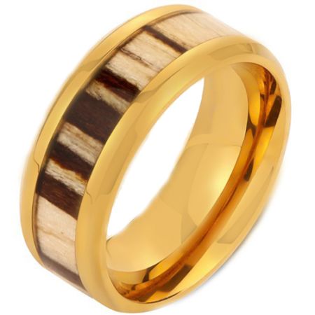 **COI Gold Tone/Black/Silver Titanium Beveled Edges Ring With Zebra Wood-7161CC