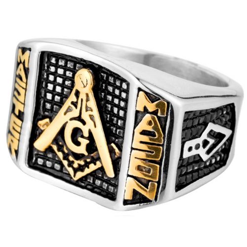 **COI Titanium Black Gold Tone Silver Masonic Freemason Ring-7203AA