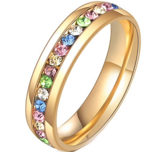 **COI Gold Tone Titanium Dome Court Ring With Rainbow Color Cubic Zirconia-7256BB