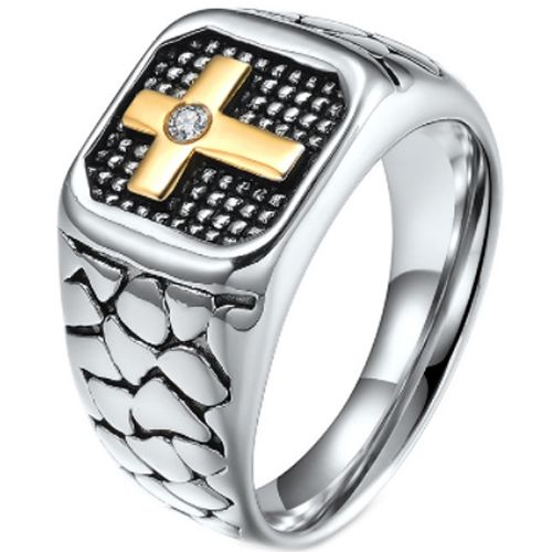 **COI Titanium Gold Tone Silver/Black Cross Ring With Cubic Zirconia-7268BB