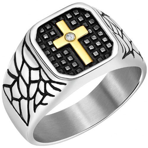 **COI Titanium Gold Tone Silver/Black Cross Ring With Cubic Zirconia-7268BB