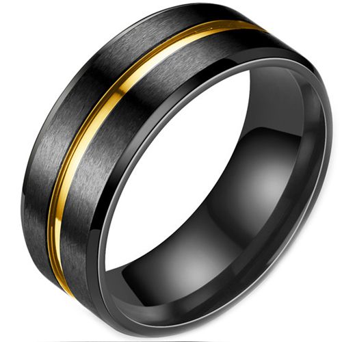 **COI Titanium Black Gold Tone Center Groove Beveled Edges Ring-7371AA