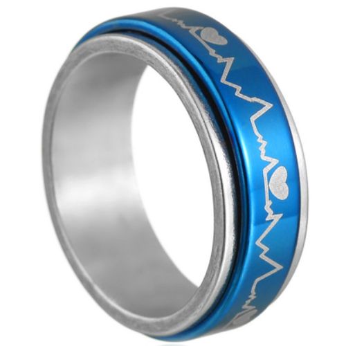 **COI Titanium Blue Silver Heartbeat & Heart Step Edges Ring-7413AA