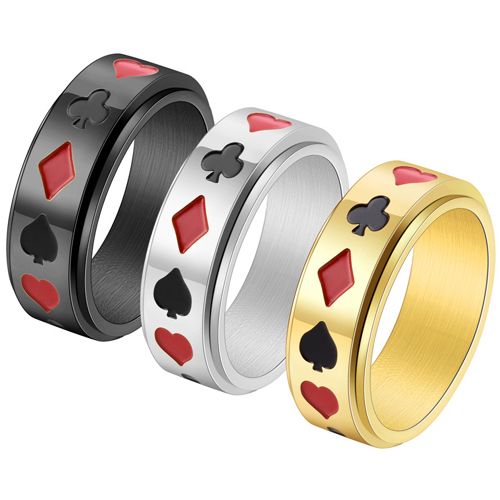 **COI Titanium Black/Gold Tone/Silver Heart Spade Diamond & Club Playing Card Symbols Ring-7432AA