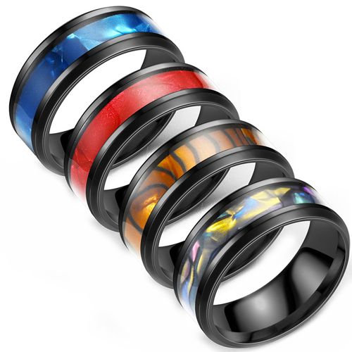 **COI Black Titanium Beveled Edges Ring With Abalone Shell-7487BB