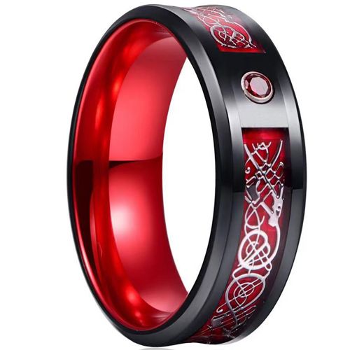 **COI Titanium Black Red Dragon Beveled Edges Ring With Created Red Ruby-7527AA