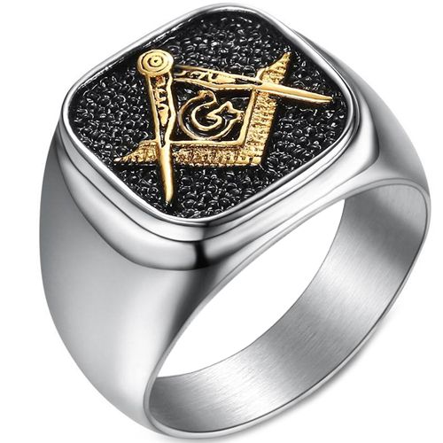 **COI Titanium Black Gold Tone Masonic Freemason Ring-7545AA