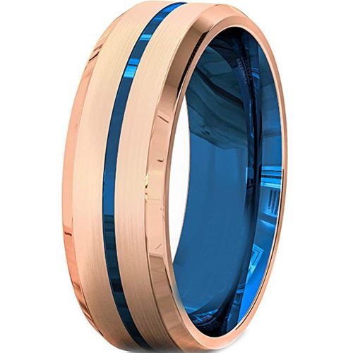 **COI Titanium Rose Blue Center Grooves Beveled Edges Ring-7576AA