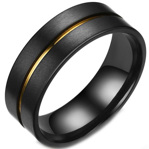 **COI Tungsten Carbide Black Gold Tone Center Groove Pipe Cut Flat Ring-7567AA