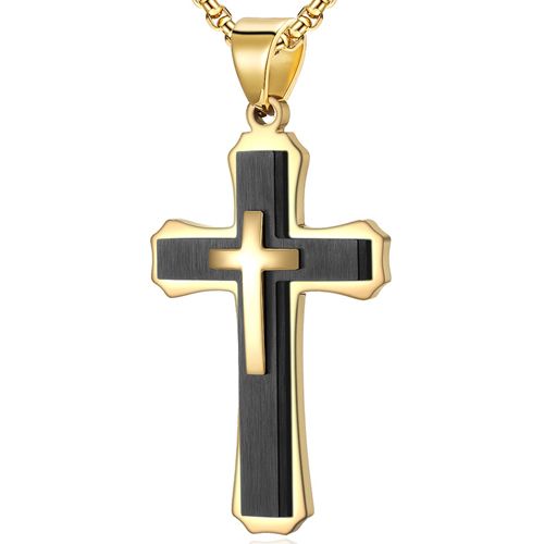 COI Titanium Silver/Black Gold Tone/Black Silver Cross Pendant-7678AA