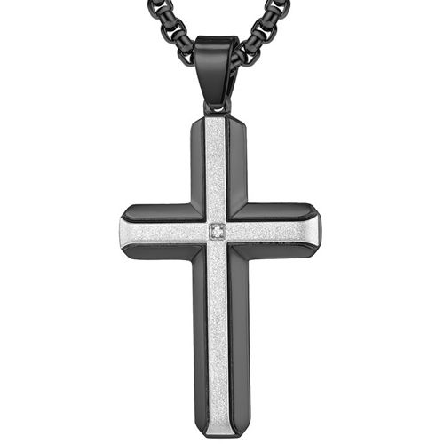 COI Titanium Silver/Black Silver/Gold Tone Silver Cross Pendant With Cubic Zirconia-7680AA