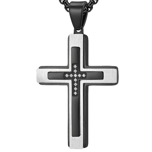 COI Titanium Black/Gold Tone Silver Cross Pendant With Cubic Zirconia-7686AA