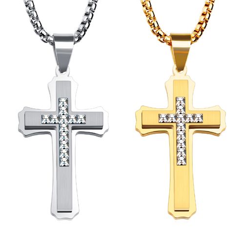 COI Titanium Gold Tone/Silver Cross Pendant Necklace With Princess Cut Cubic Zirconia-7745AA