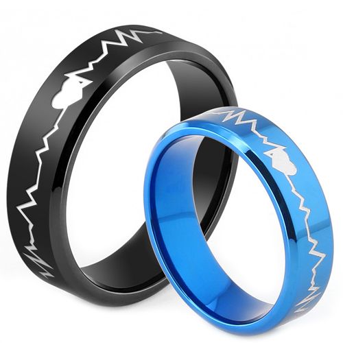 **COI Titanium Black/Blue Heartbeat & Heart Beveled Edges Ring-7766AA