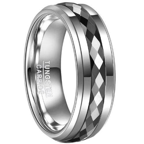 **COI Tungsten Carbide Black Silver Faceted Step Edges Ring-7789BB