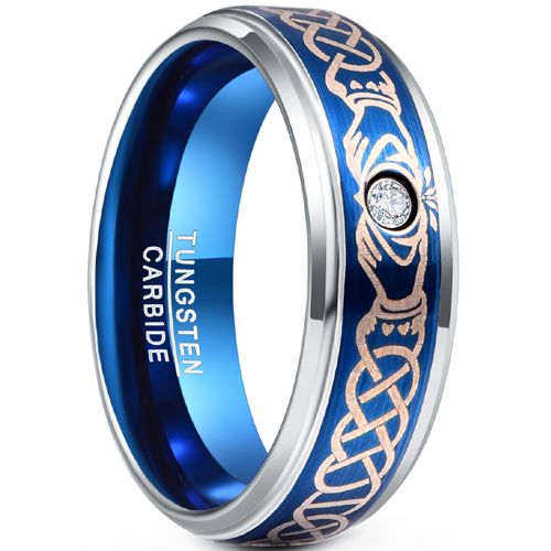 **COI Tungsten Carbide Blue Silver Mo Anam Cara Celtic Beveled Edges Ring-7863AA