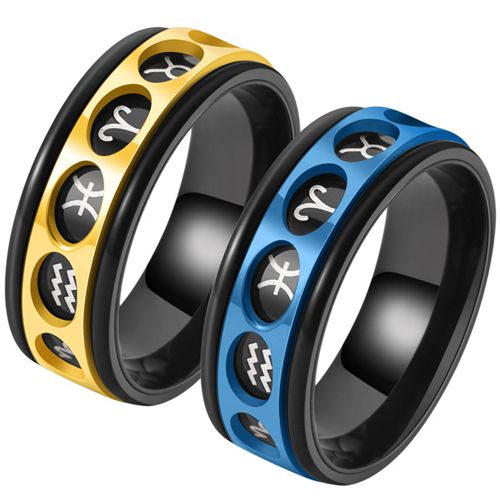 **COI Black Titanium Gold Tone/Blue Zodiac Sign Step Edges Ring-7907AA