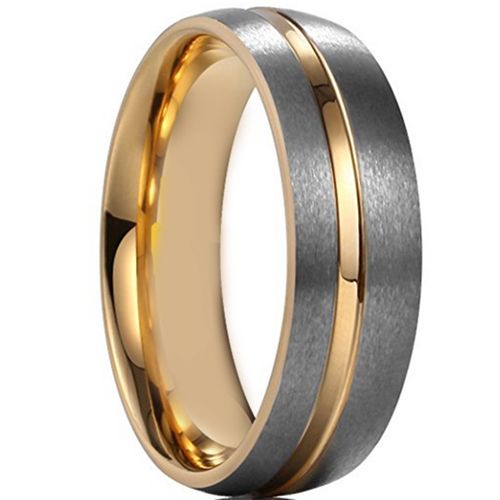 **COI Tungsten Carbide Gold Tone Silver Center Groove Dome Court Ring-7958