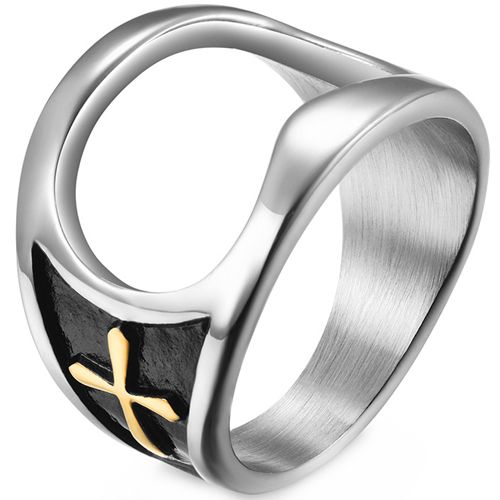 **COI Titanium Black Silver/Black Gold Tone Silver Cross Bottle Opener Ring-8011