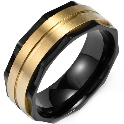 **COI Titanium Black Gold Tone Center Grooves RIng-8029