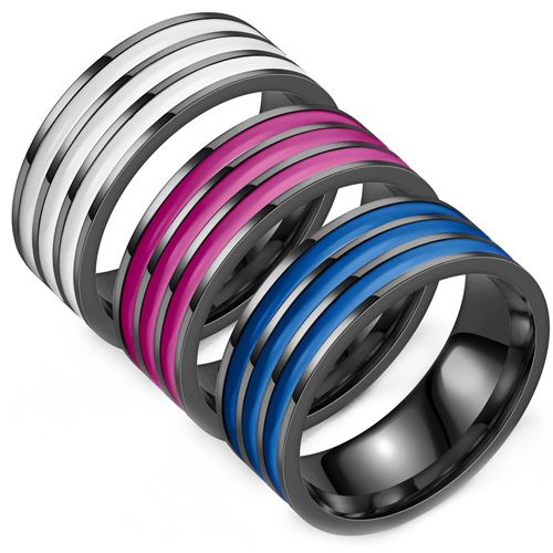 **COI Black Titanium Tripe Grooves Ring With White/Purple/Blue Resin-8059