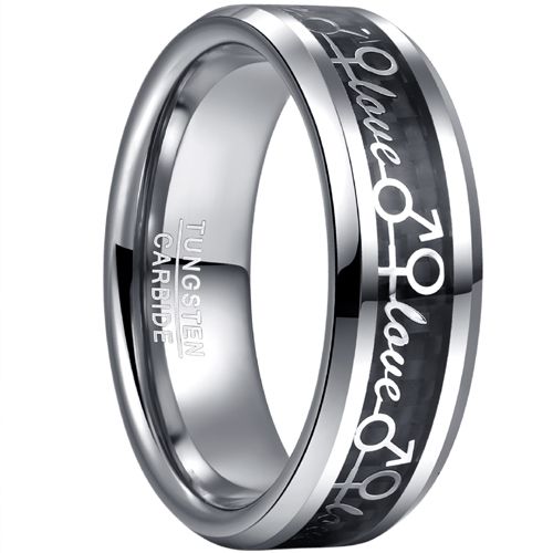 **COI Tungsten Carbide Black Carbon Fiber Love Beveled Edges Ring-8091