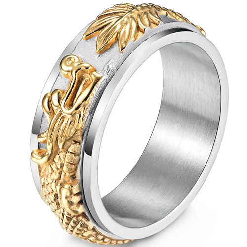 **COI Titanium Gold Tone Silver/Gold Tone/Silver Dragon Step Edges Ring-8111