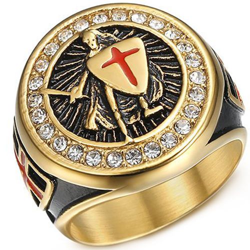**COI Titanium Gold Tone Black Red Vintage Templar Ring With Cross-8178