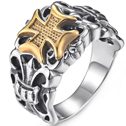 **COI Titanium Gold Tone Silver Cross Ring-8212