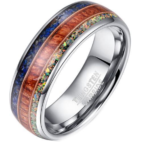 **COI Tungsten Carbide Rose Silver Crushed Opal & Wood Ring-8278