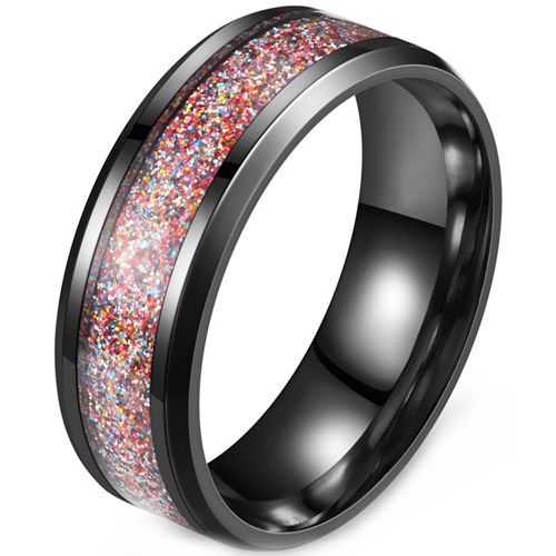 **COI Black Titanium Rainbow Color Meteorite Beveled Edges Ring-8327